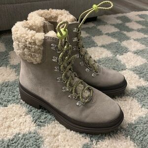 Sole Society Eavan Lace Up Boots Winter Boots Sherpa Gray Green Beige Size 6 M